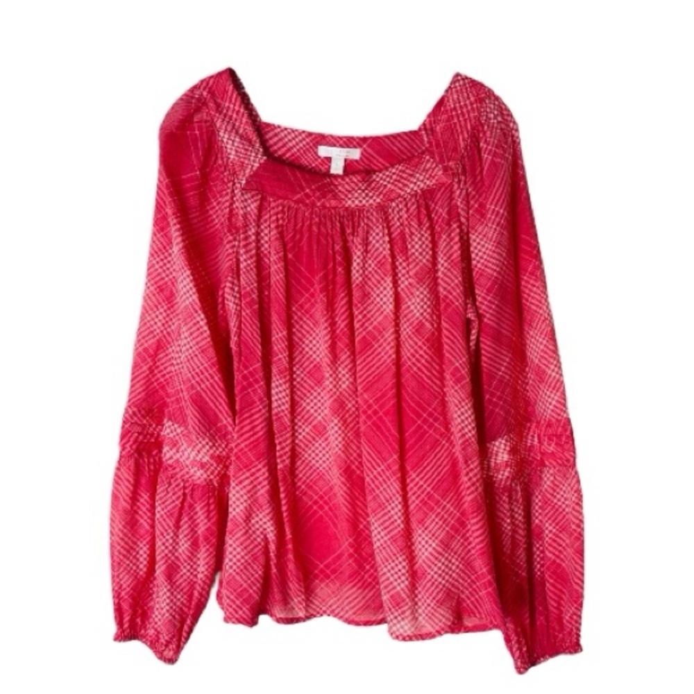 LC Lauren Conrad pink coral white plaid pleated lightweight top large